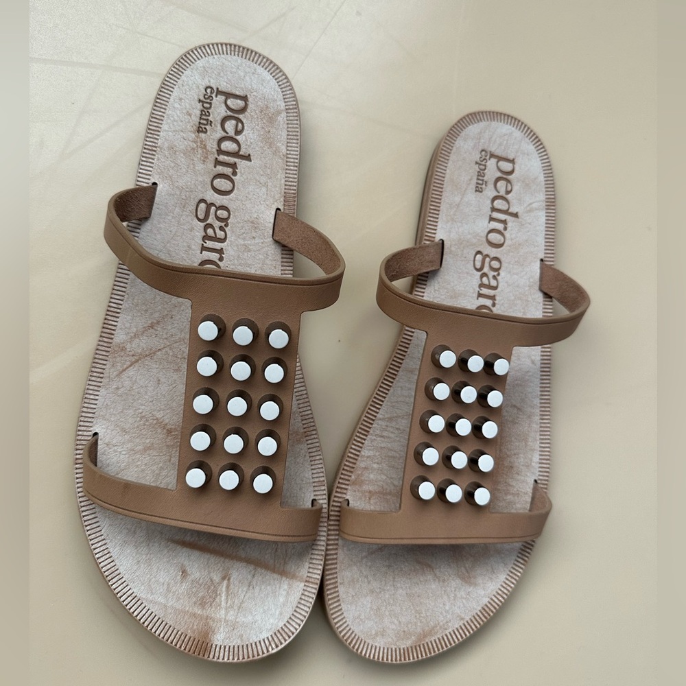 Pedro Garcia Studded Brown, Silver and Cream Neutral Summer Slide Sandals Flats